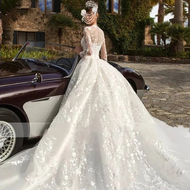 Sleeves Long Wedding Dresses Bridal Gown Jewel Neck Lace Applique Sweep Train Custom Made Tulle Beach Plus Size Vestido De Novia