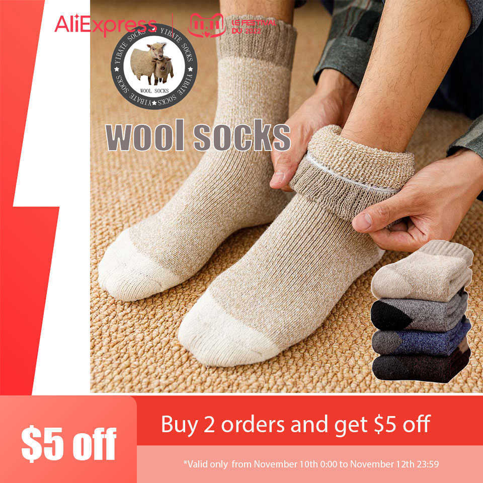 Men's Socks Winter Men's Thick Warm Wool Socks Harajuku Retro Merino Cashmere Socks High Quality Plus Size Casual Long Socks For Men 3