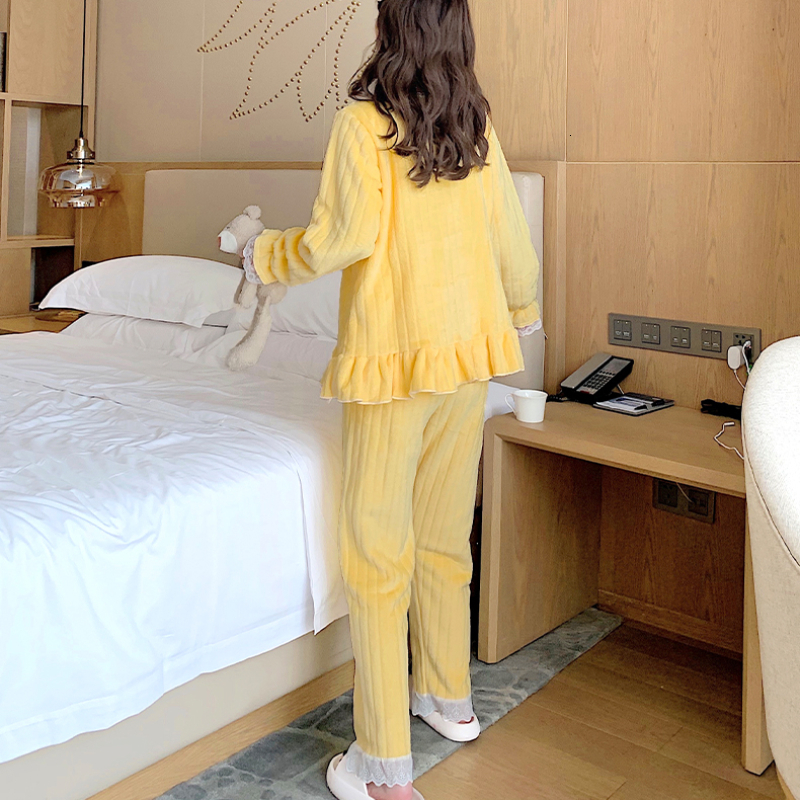 Women's Sleepwear Fall Winter Long Sleeve Pajama Sets Women Cozy Fluffy Homewear Outfit Casual Sweet Bow Princess Flannel Students Thermal Heatin