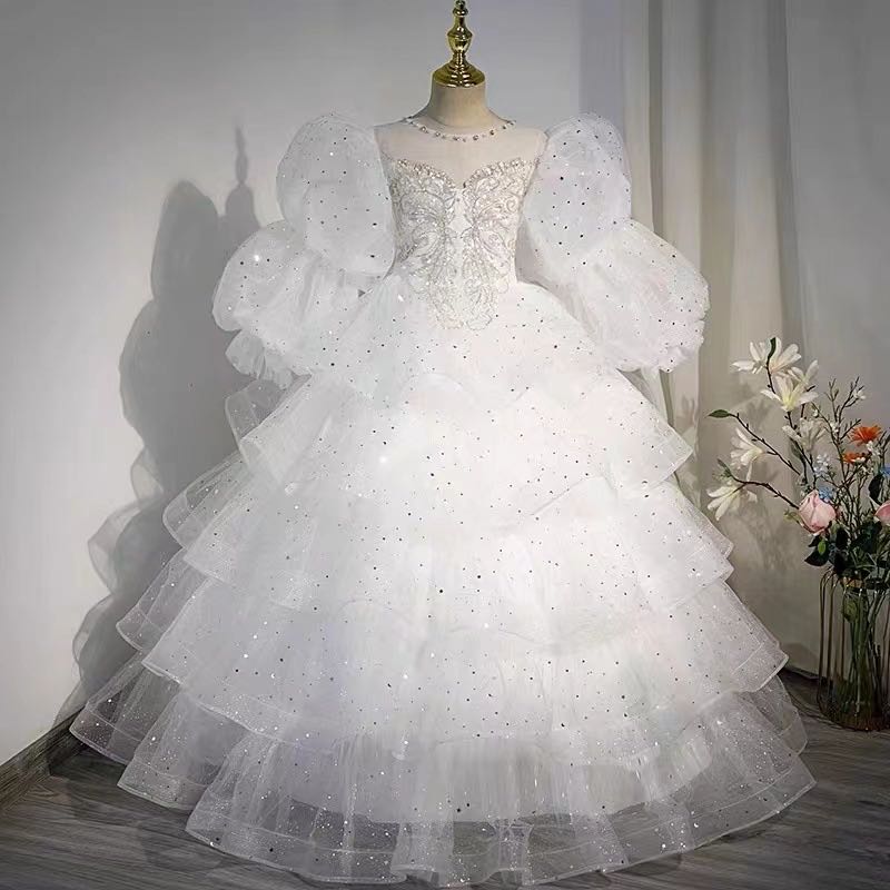 Cute Flower Girl Dresses For Wedding Sky Blue White Lace Floral Appliques Tiered Skirts Girls Pageant Dress A Line Kids Birthday Gowns 403