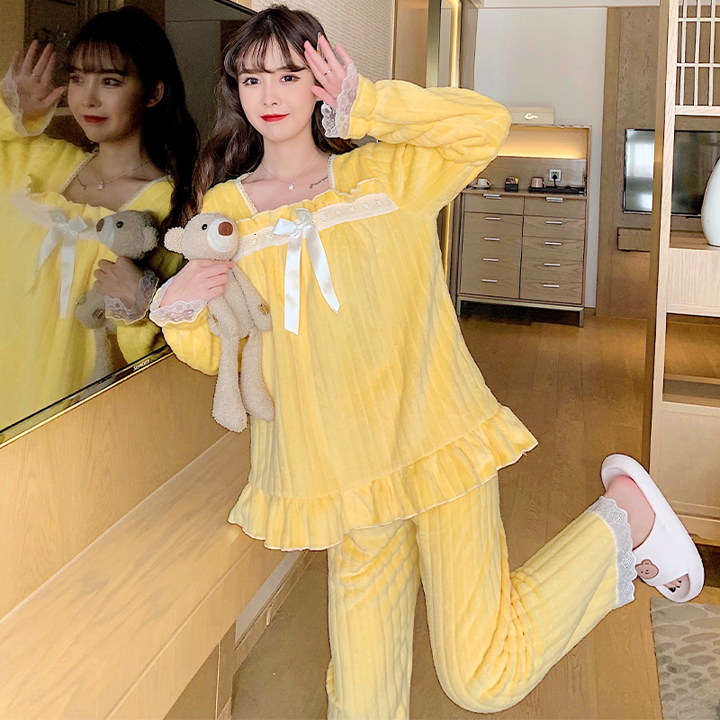 Women's Sleepwear Fall Winter Long Sleeve Pajama Sets Women Cozy Fluffy Homewear Outfit Casual Sweet Bow Princess Flannel Students Thermal Heatin
