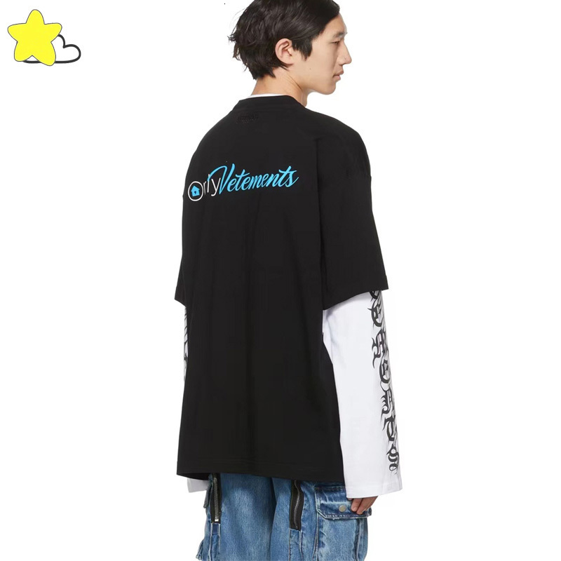 Men's TShirts 2023 Style Blue Cursive Letter Vetements T Shirt Men Women Heavy Fabric Cotton VTM Top Back Embroidered Tee 230225