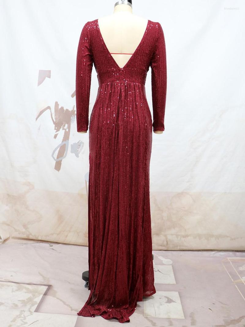 Casual Dresses 2023 Spring Luxury Evening For Women Wine Red Sequins O-neck Backless Long Sleeve Bodycon Slit Formal Party Robe