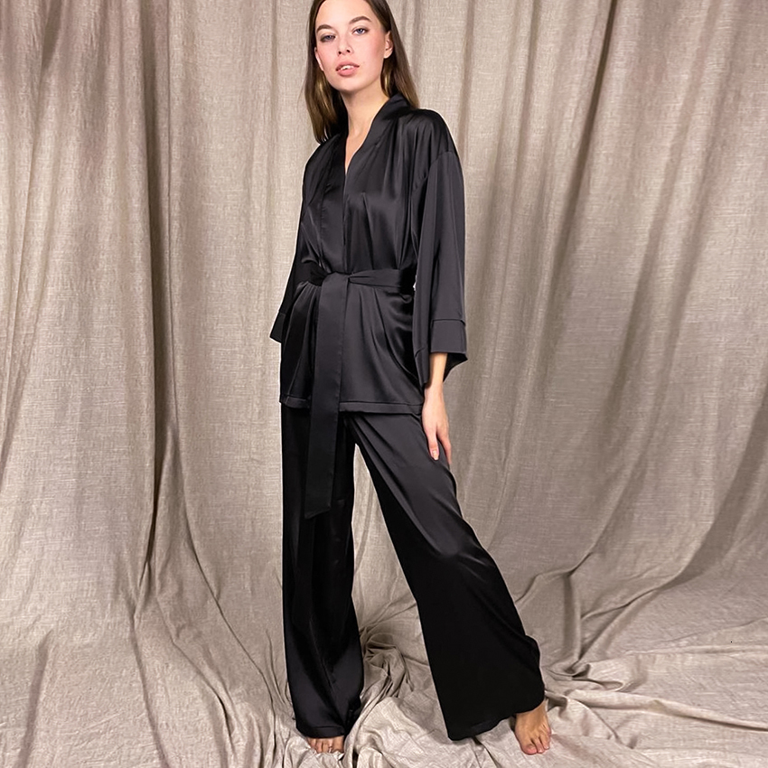 Women's Sleepwear Solid Color Sleepwear Loose Flare Home Pants Three Quarter Sleeve Satin Robe Sets Bathrobe For Women Pajama Fashion Spring 2302
