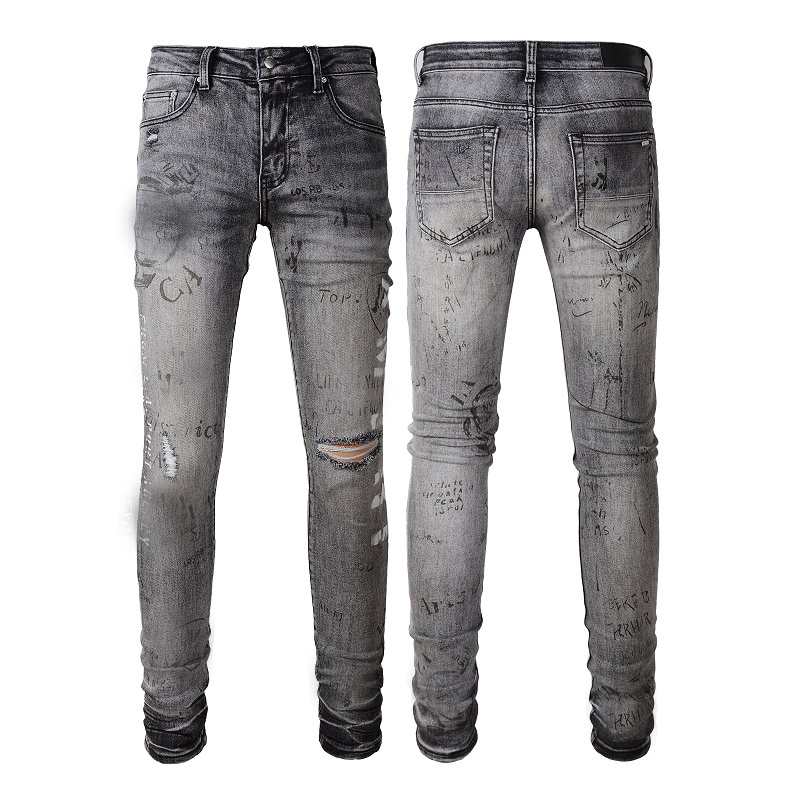 Men's Jeans Patches Detail Biker Fit Jeans Men Slim Motorcycle For Mens Vintage Distressed Denim Jean Pants #SHOPEE42