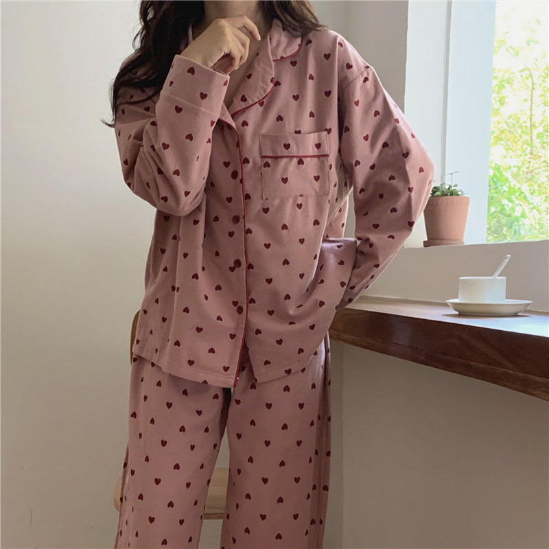 Women's Sleepwear Heart Print Home Suit Loose Cotton Casual Sleepwear Korean Pajamas Set Trousers Harajuku Home Clothes Kawaii Single Breasted To