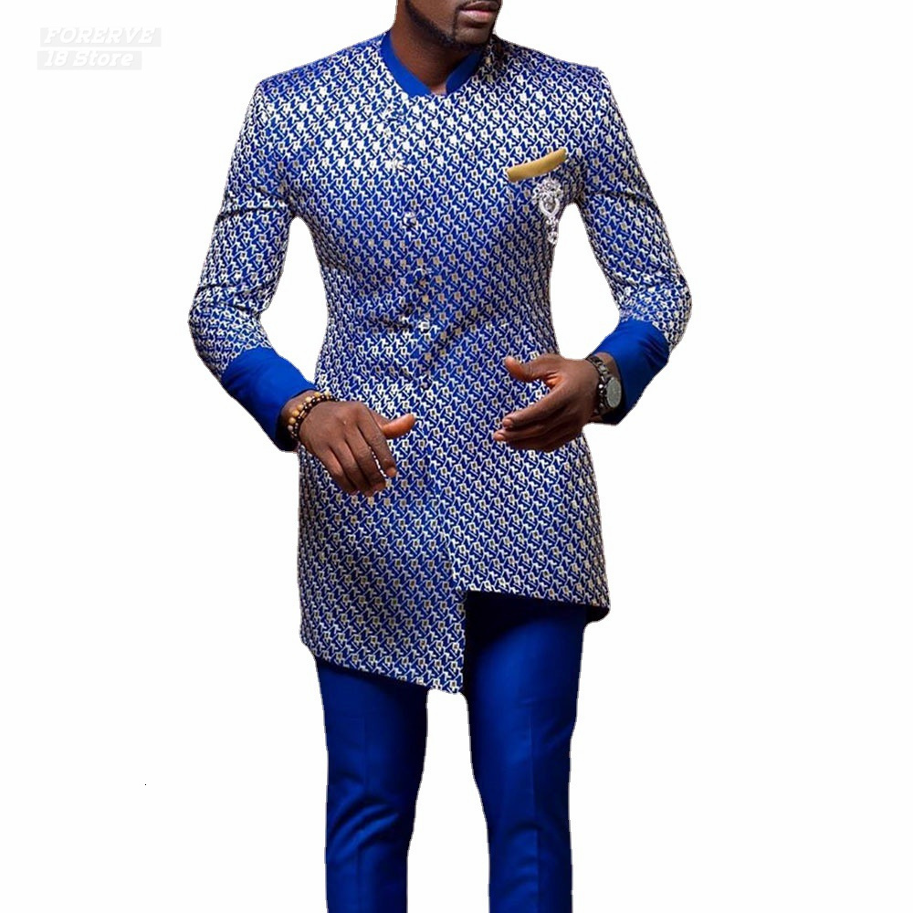 Men's African Dashiki Long Sleeve Shirt, Blue Print Pattern Casual Standing Collar Summer Top, Polyester, New Arrival B3