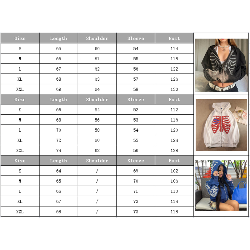 Women's Hoodies Sweatshirts Y2K Skeleton Women Gothic Black Zip Up Oversized Female Retro Harajuku Hooded Jacket Streetwear 230225