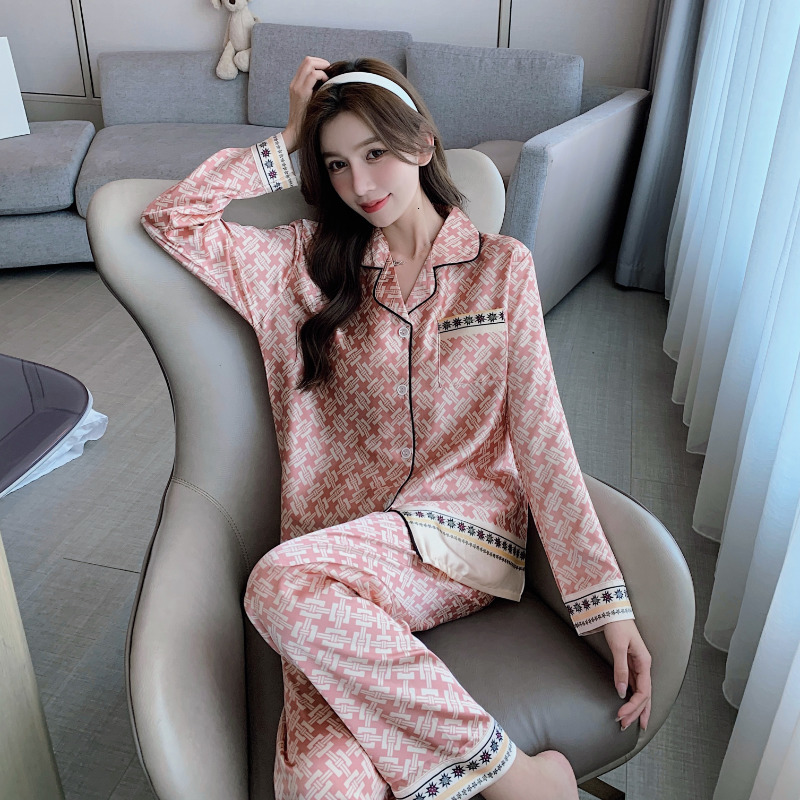 Women's Sleepwear Ice Silk Pajamas Women's Spring and Autumn Long-sleeved Two-piece Thin Silk Home Service Silk Sexy Large Size Women's