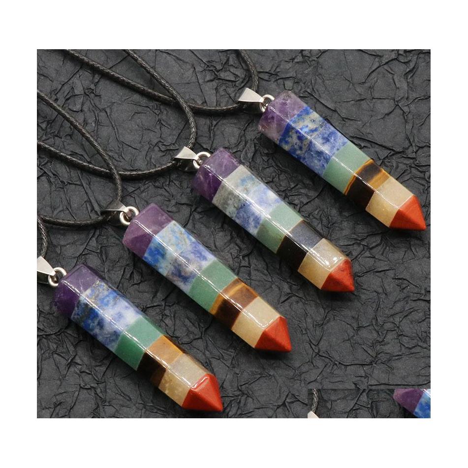 

car dvr Pendant Necklaces Natural Stone Splice Hexagonal Column Lapis Lazi Amethyst Crystal Chakra Reiki Healing Necklace For Women Drop Del Dhthk