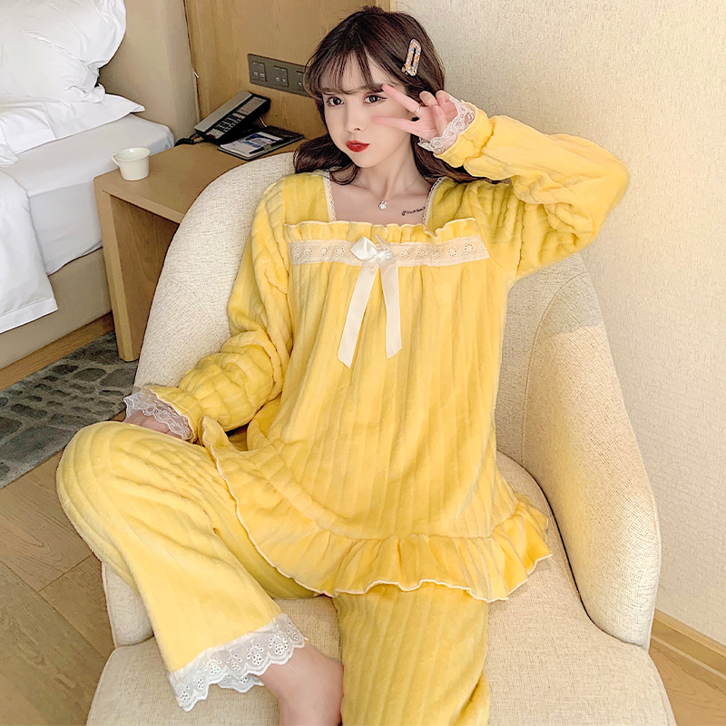 Women's Sleepwear Fall Winter Long Sleeve Pajama Sets Women Cozy Fluffy Homewear Outfit Casual Sweet Bow Princess Flannel Students Thermal Heatin