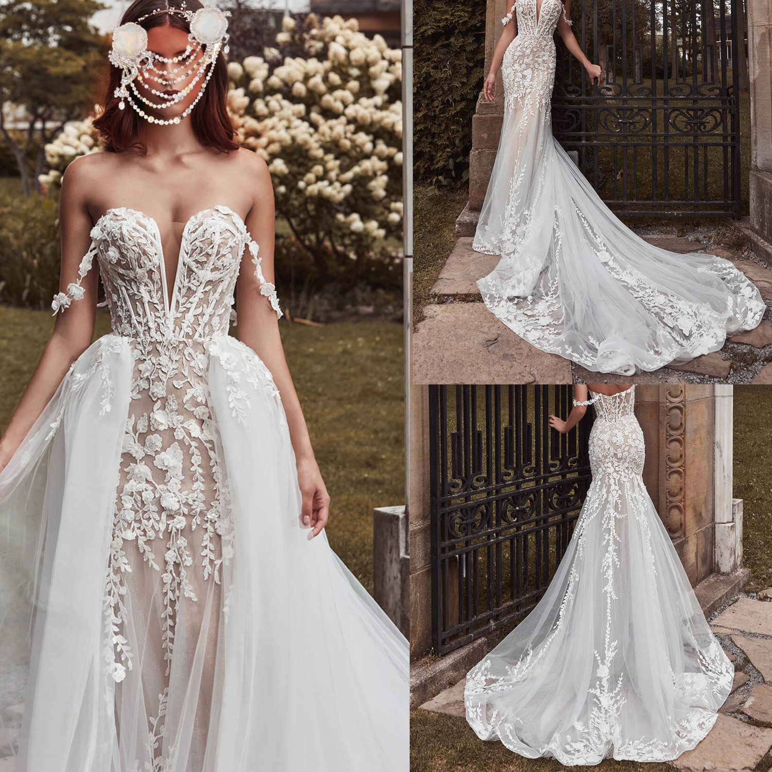 Julie Vino Mermaid Wedding Dresses Detachable Train Off Shoulder Sweep Backless Lace Dress Applique Bridal Gown