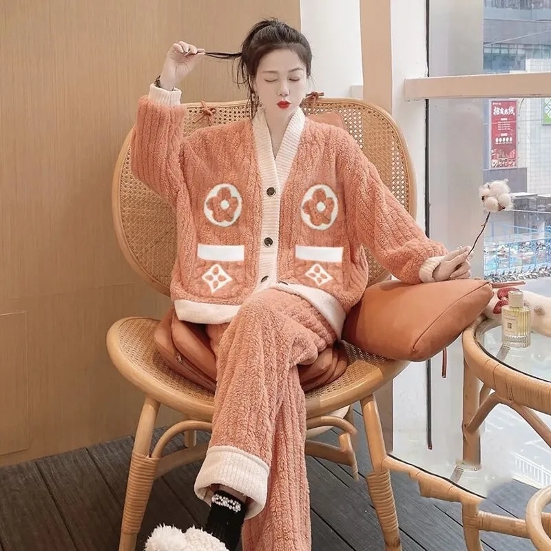 Women's Sleepwear Winter Women Pajamas Set Turn-down Collar Sleepwear Warm Flannel Pajama Casual Mom Sleepwear Pyjamas Homewear Cloth 230227