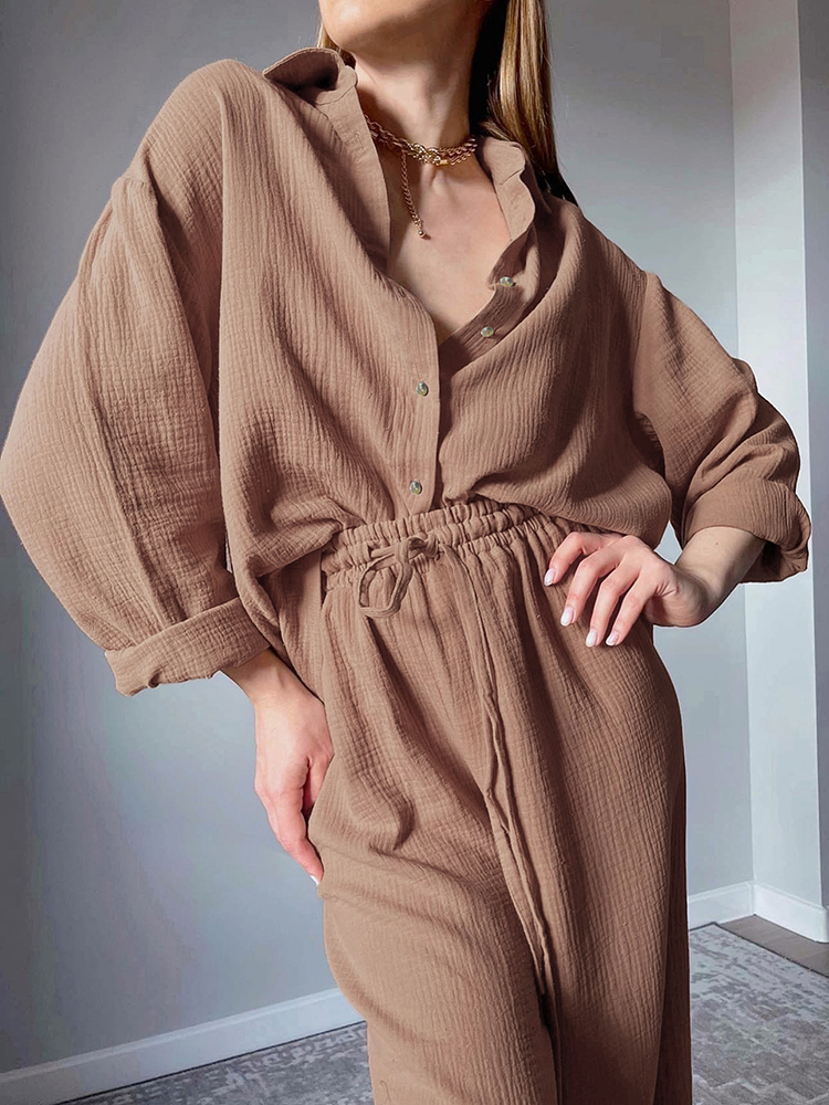Women's Sleepwear Linad Cotton Women's Home Clothes Brown Long Sleeve 2 Piece Sets Sleepwear Loose Trouser Suits Casual Female Pajamas Autum