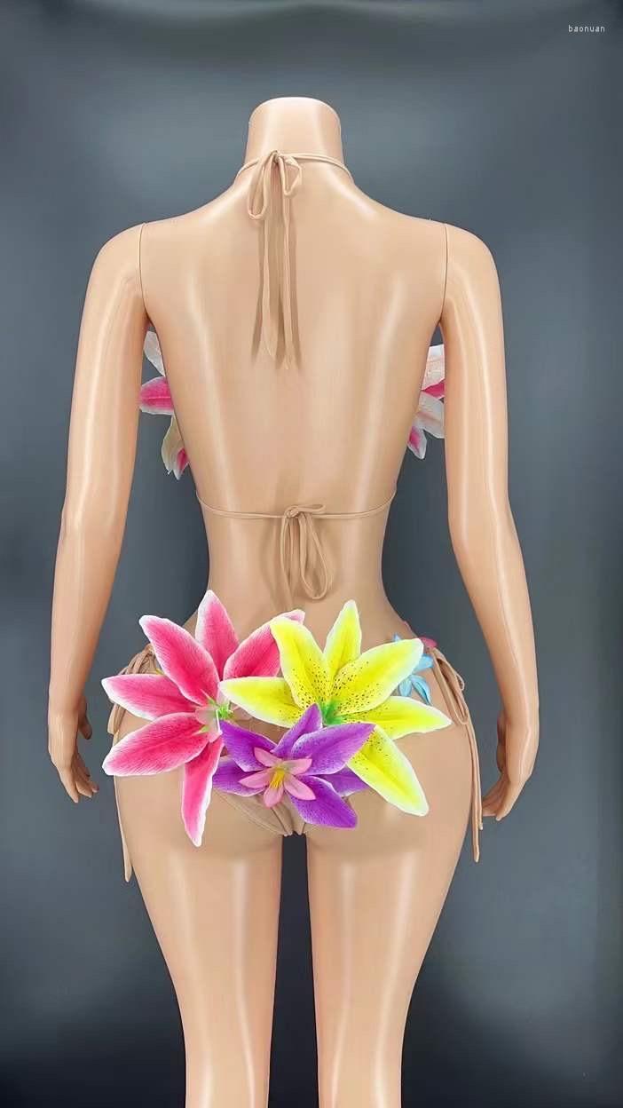 Stage Wear Sexy Flower Halter Bikini Sets For Women Carnival Drag Queen Outfits Party Club Celebration Clothing Showgirl Costumes