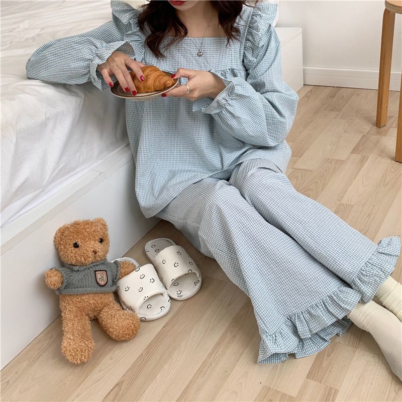 Women's Sleepwear Pajama Sets Women Plaid Harajuku Schoolgirl Sweet Style Autumn Simple Sleepwear Square Collar Ins Lovely Nightwear Daily 230227