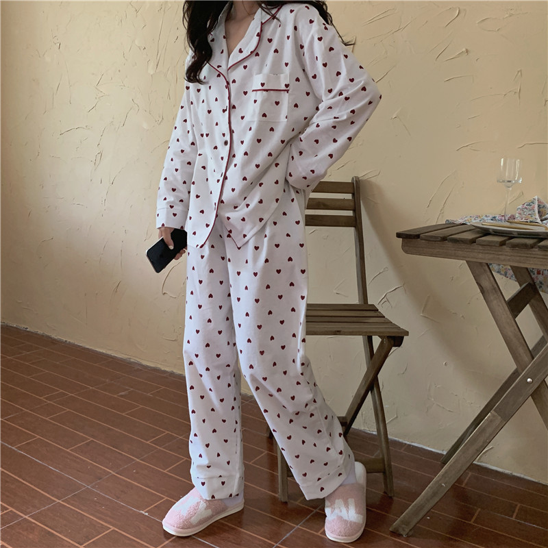 Women's Sleepwear Heart Print Home Suit Loose Cotton Casual Sleepwear Korean Pajamas Set Trousers Harajuku Home Clothes Kawaii Single Breasted To