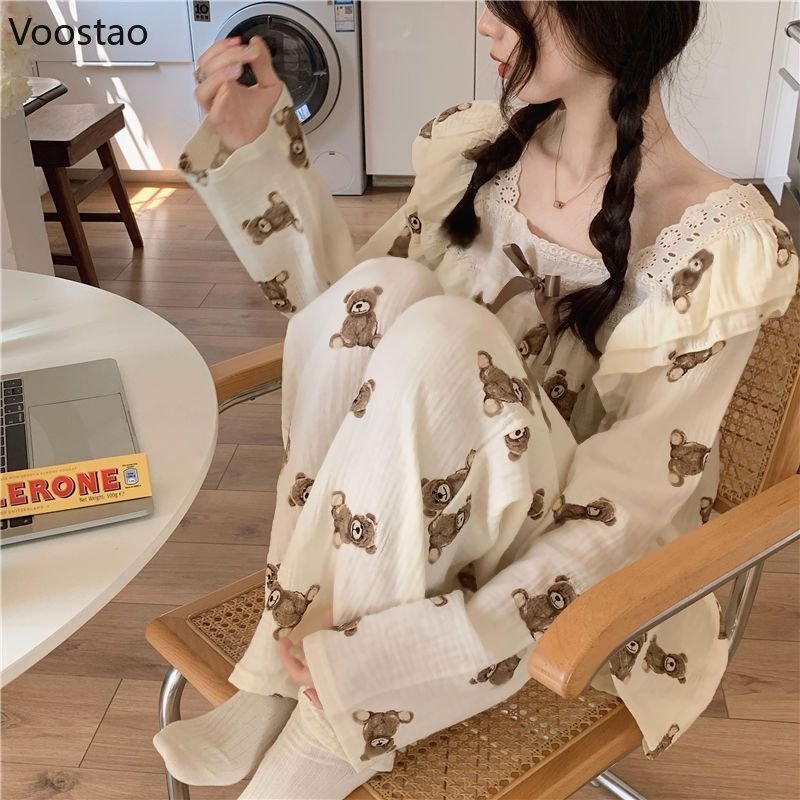 Women's Sleepwear Cute Pajamas Women Japanese Sweet Room Wear Lace Ruffles Kawaii Bear Print 2 Piece Set Spring Autumn Casual Sleepwear Pijamas 2