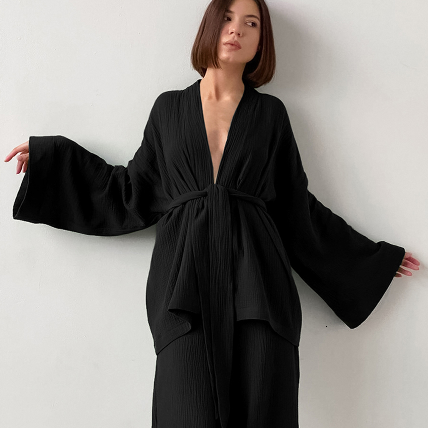 Women's Sleepwear Restve Cotton Women's Nightgown 2 Pieces Set Drop Sleeves Robe Trouser Suits Flare Female Pajamas Summer Bathrobe For Woma