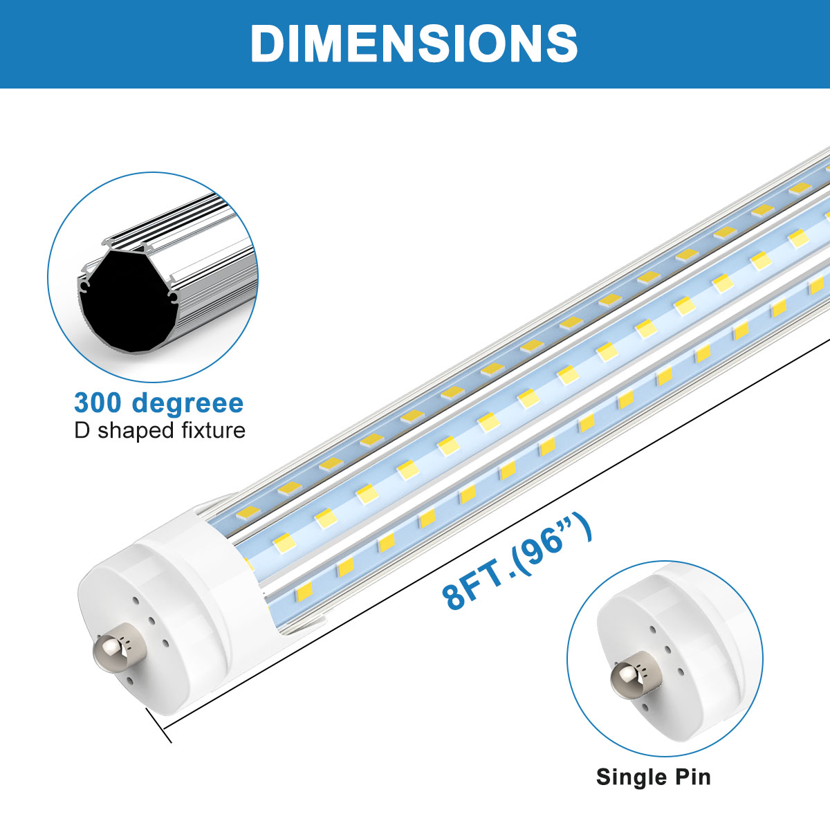 8ft led tube lights, Single Pin FA8 T8 96 inch D shape 120W bulbs LED shop Light, clear cover, cold white, t10 t12 bubes fluorescent replacement, no b