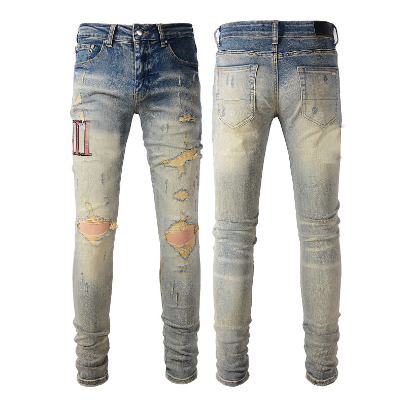 Men's Jeans Patches Detail Biker Fit Jeans Men Slim Motorcycle For Mens Vintage Distressed Denim Jean Pants #SHOPEE42