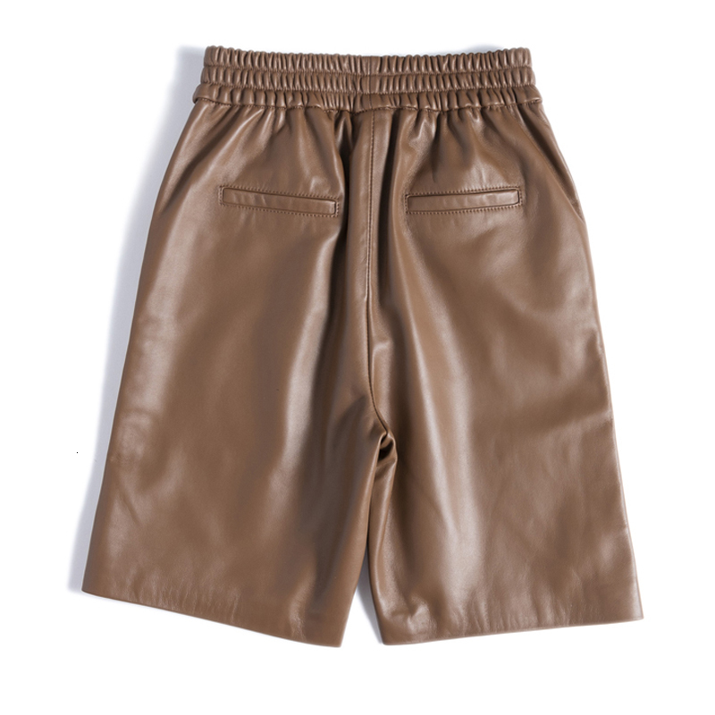 Women's Shorts Capable Fashionable Stylish 100% Leather Five-Point Pants For Women Femme Elastic Waist Wide Leg Bermuda Shorts With Pocket 230227