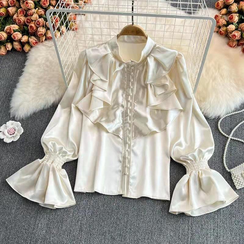 Women's Blouses Solid Color Satin Shirt Women Stand Collar Flared Long Sleeve Shits Top Female Fashion Button Up Casual Lady Streetwear E67, Black
Women's Blouses Solid Color Satin Shirt Women Stand Collar Flared Long Sleeve Shits Top Female Fashion Button Up Casual Lady Streetwear E67, Black