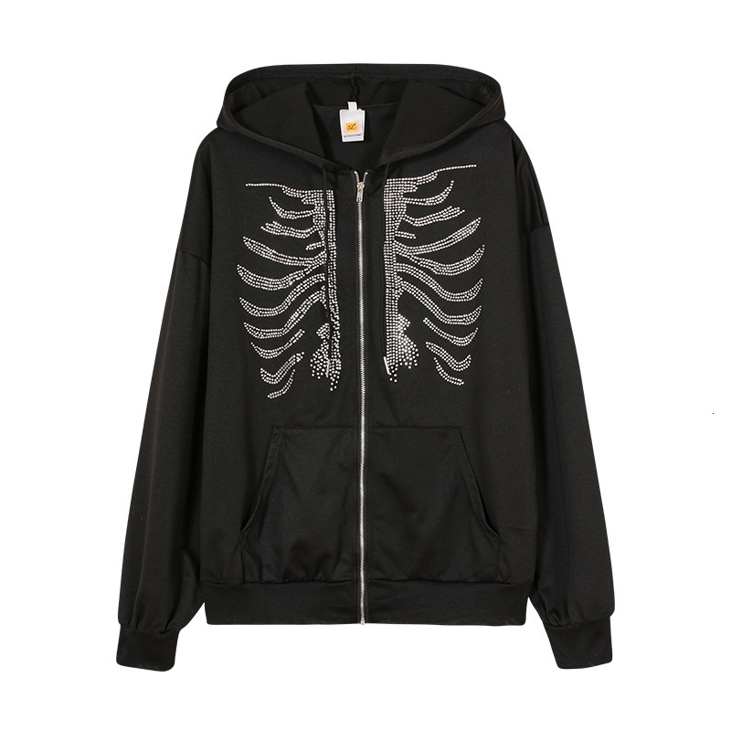 Women's Hoodies Sweatshirts Y2K Skeleton Women Gothic Black Zip Up Oversized Female Retro Harajuku Hooded Jacket Streetwear 230225