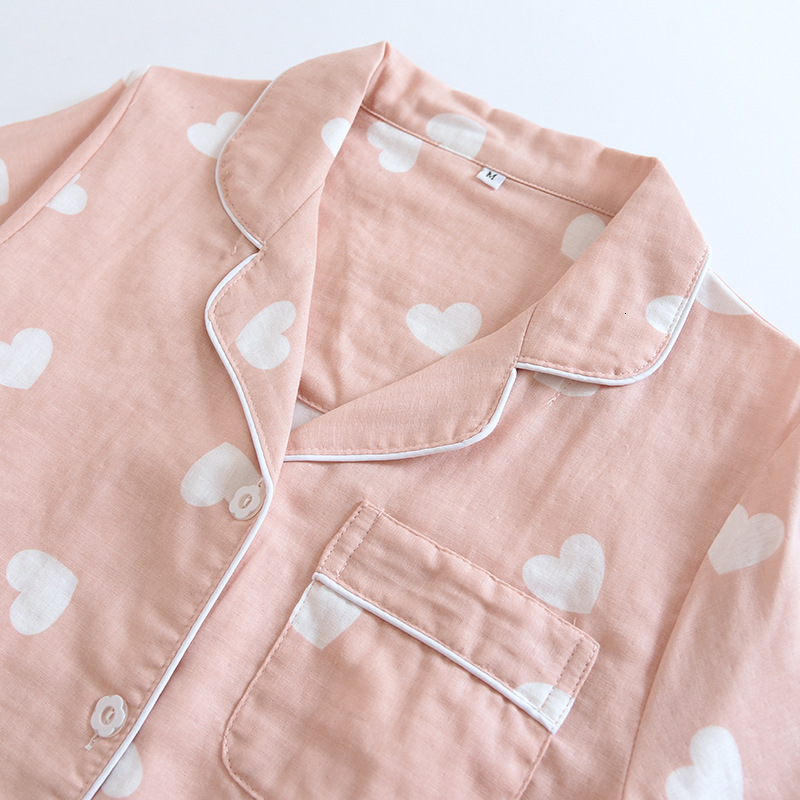 Women's Sleepwear spring and summer women's pajamas three-piece set short sleeves shorts trousers 100%cotton gauze love print homewear set 2