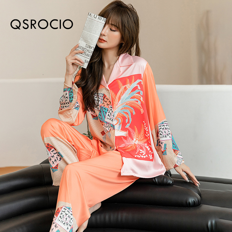 Women's Sleepwear QSROCIO High Quality Women's Pajamas Set Plant Print Silk Like Homewear Sleepwear Elegant Nightwear Femme Leisure Home Clo