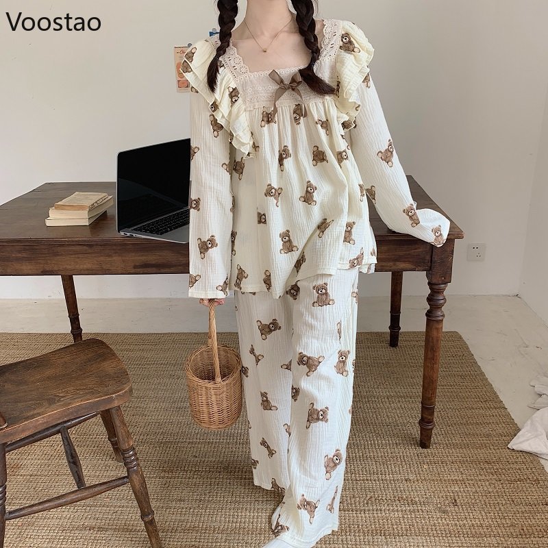 Women's Sleepwear Cute Pajamas Women Japanese Sweet Room Wear Lace Ruffles Kawaii Bear Print 2 Piece Set Spring Autumn Casual Sleepwear Pijamas 2