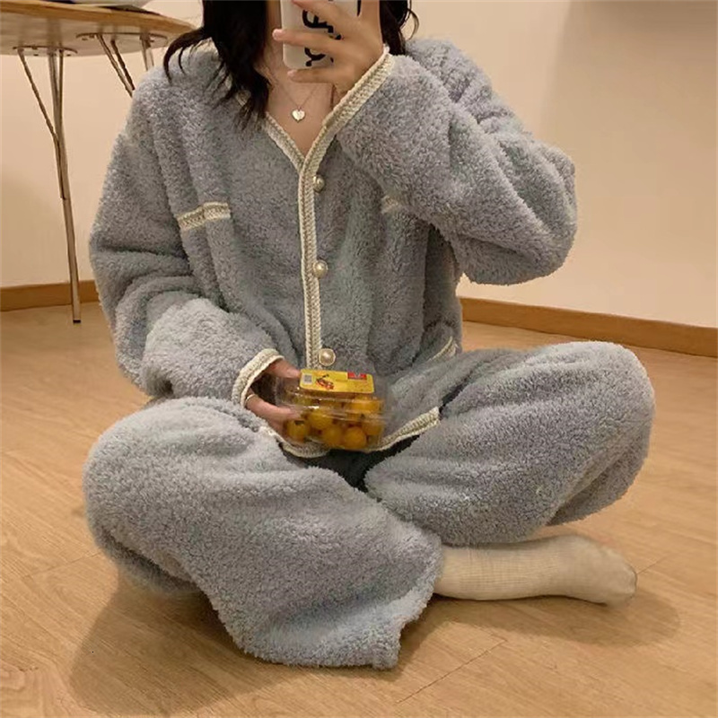 Women's Sleepwear Pajamas Set Women Winter Coral Velvet Pyjamas Sets Sweet Cute Flannel Long Sleeve Female Homewear Nightwear 230227