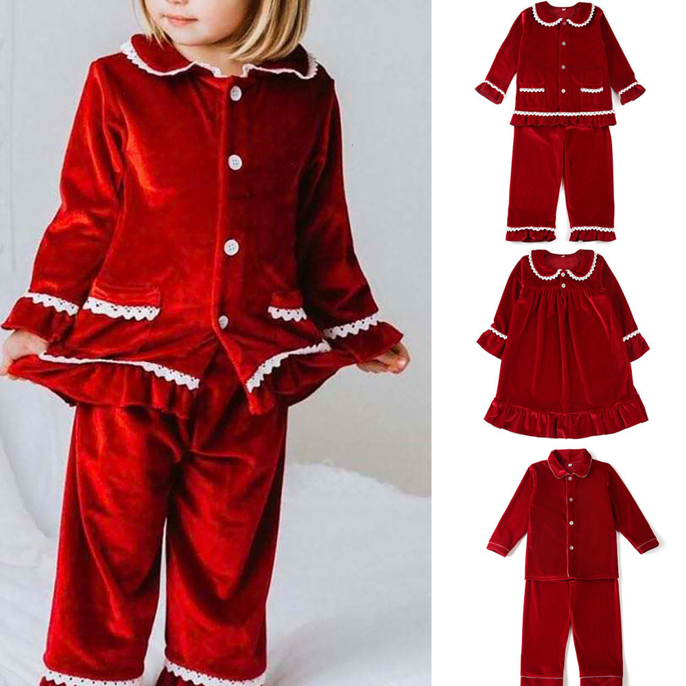 Pajamas Baby Christmas Pajamas Sets Winter Velvet Red With Lace Custom Sleepwear Kids Boys And Girls Pyjamas 230227