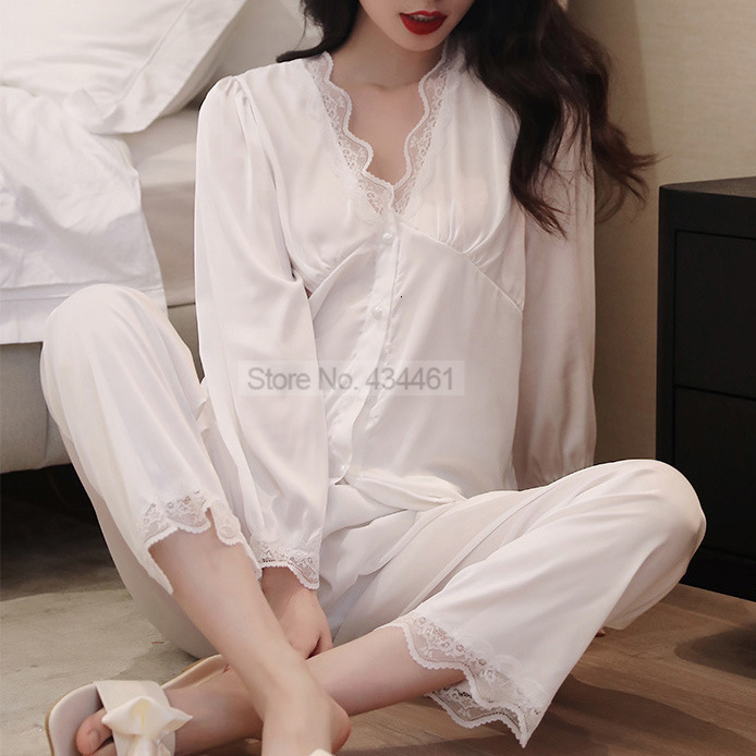 Women's Sleepwear Patchwork Satin Pajamas Suit Sleepwear With Lace Women Nightgown Button-down Pyjamas Pour Femme Nightwear Casual Home Wear 2302