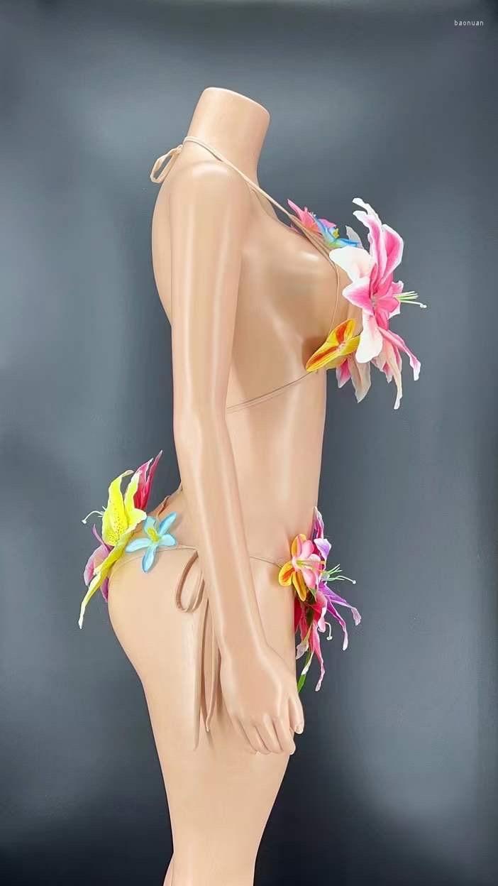 Stage Wear Sexy Flower Halter Bikini Sets For Women Carnival Drag Queen Outfits Party Club Celebration Clothing Showgirl Costumes