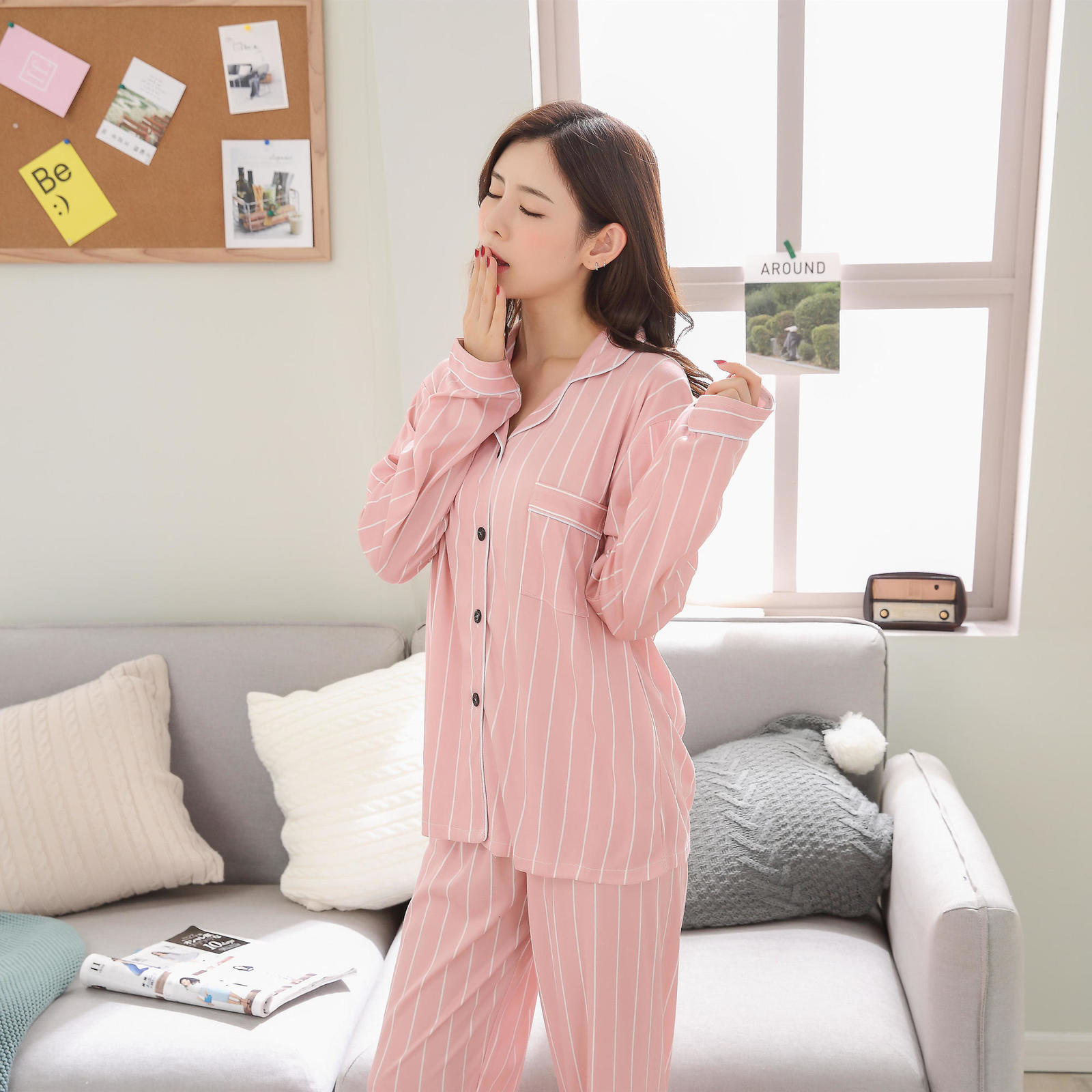 Women's Sleepwear Women Nightwear Sets WAVMIT Women Pajama Set Solid Color Stripes Pyjama Set Long Sleeve Sleepwear Women Top Long Pant 230227