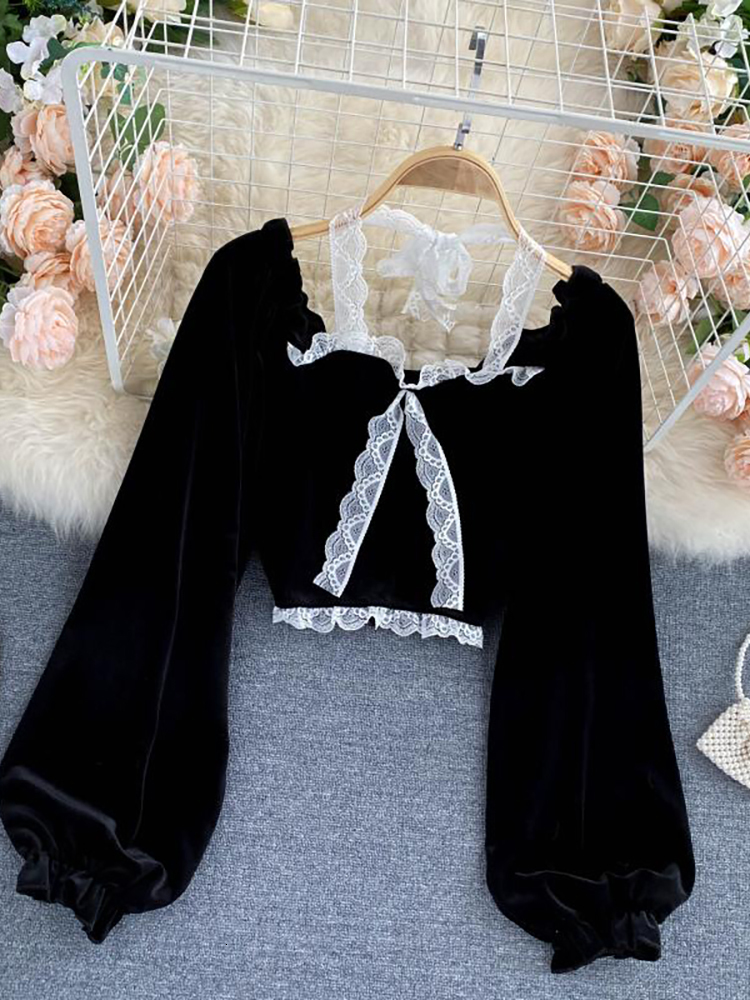 Women's Blouses Shirts Sexy Halter Lace Patchwork Short Blouse For Women Casual Puff Sleeve Velvet Shirt Female Black Tops Fashion Autumn Winter 230227
Women's Blouses Shirts Sexy Halter Lace Patchwork Short Blouse For Women Casual Puff Sleeve Velvet Shirt Female Black Tops Fashion Autumn Winter 230227