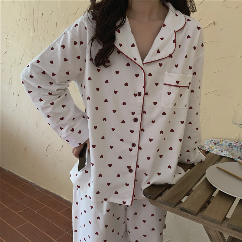 Women's Sleepwear Heart Print Home Suit Loose Cotton Casual Sleepwear Korean Pajamas Set Trousers Harajuku Home Clothes Kawaii Single Breasted To