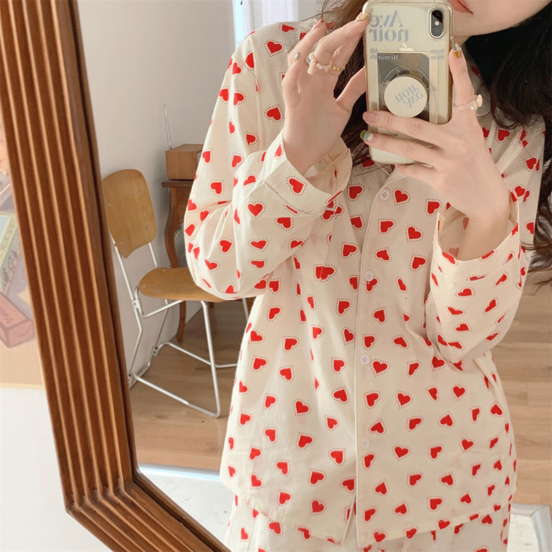 Women's Sleepwear Cotton Pajamas Set Comfortable Long Sleeve Lovely Sweet Leisurewear Home Suit Spring Sleepwear Soft Korean Heart Print Kawaii 2