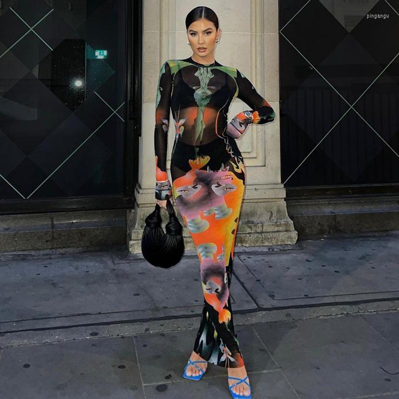 Casual Dresses Autumn Fashion Dress Robe Longue Femme Streetwear Women Print Slim Round Neck Long Sleeve