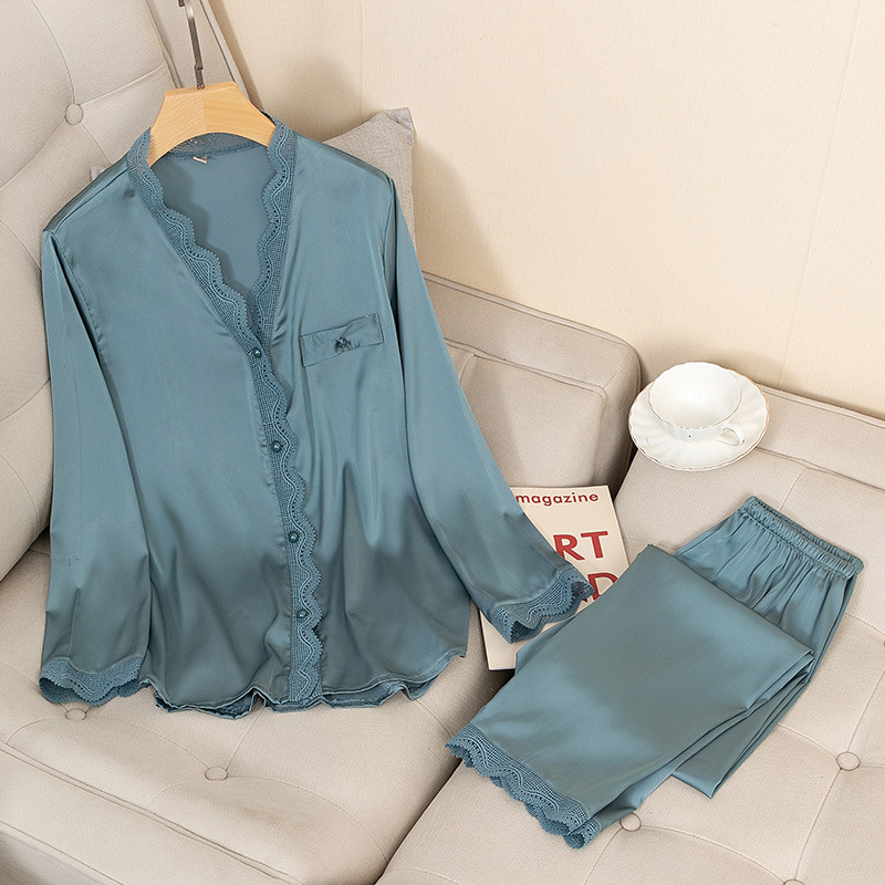 Women's Sleepwear Women Sexy Sleepwear Satin Pyjamas Silky 2 Piece Pajamas Set Loungewear Casual Solid Nightwear Shirt Pants Spring Bathrobe 2302