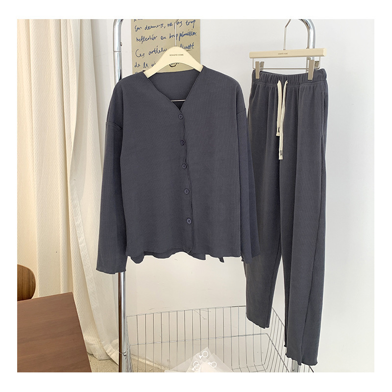 Women's Sleepwear Autumn Pajamas Sets Women's Long-sleeved Trousers Develvet Simple Korean Style V-neck Cardigan Tops with Pants Winter Home