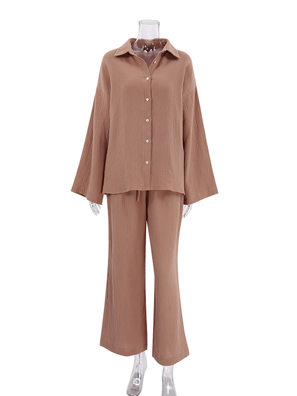 Women's Sleepwear Linad Cotton Women's Home Clothes Brown Long Sleeve 2 Piece Sets Sleepwear Loose Trouser Suits Casual Female Pajamas Autum