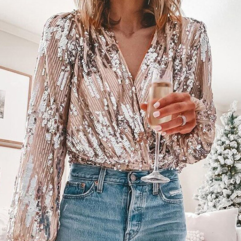 Women's Blouses Shirts Spring Women Sequins V Neck Blouse Office Lady Elegant Lantern Sleeve Shirt Autumn Fashion Slim Tops Pullover 230227