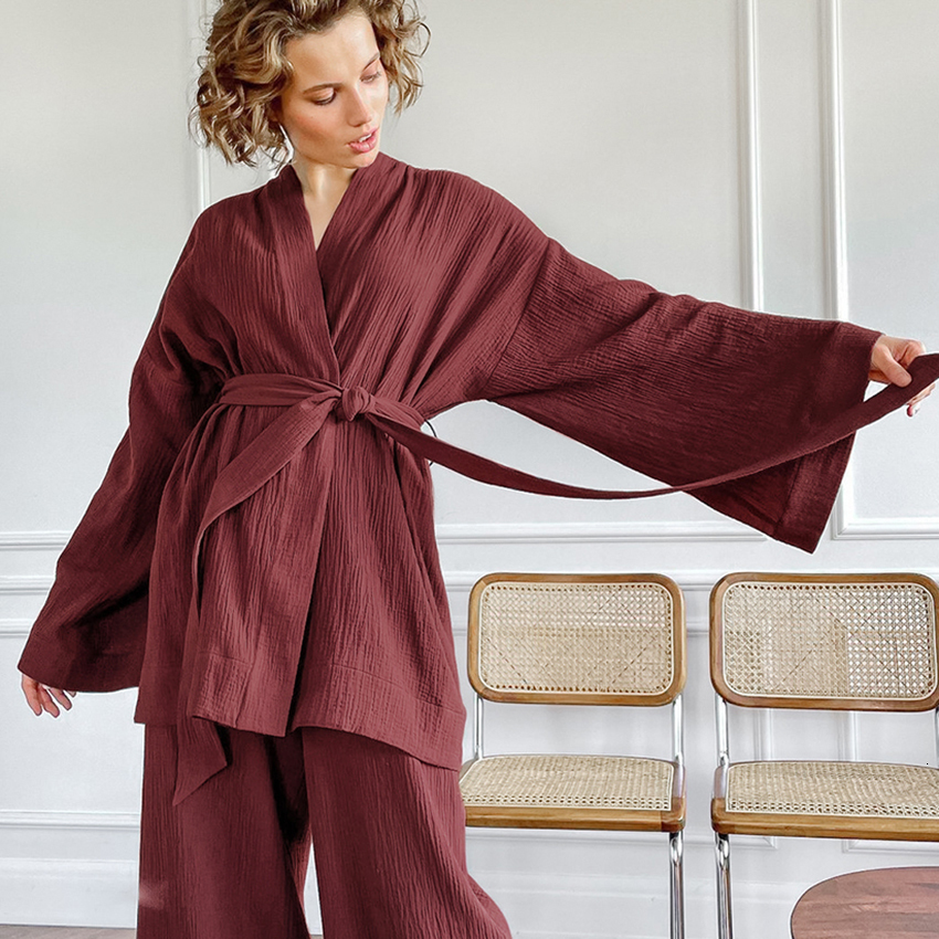 Women's Sleepwear Restve Cotton Women's Nightgown 2 Pieces Set Drop Sleeves Robe Trouser Suits Flare Female Pajamas Summer Bathrobe For Woma