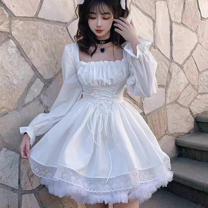 Casual Dresses Long Sleeves Lolita Black Dress Goth Aesthetic Puff Sleeve High Waist Vintage Bandage Lace Trim Party Gothic Clothes Dress Woman 230227