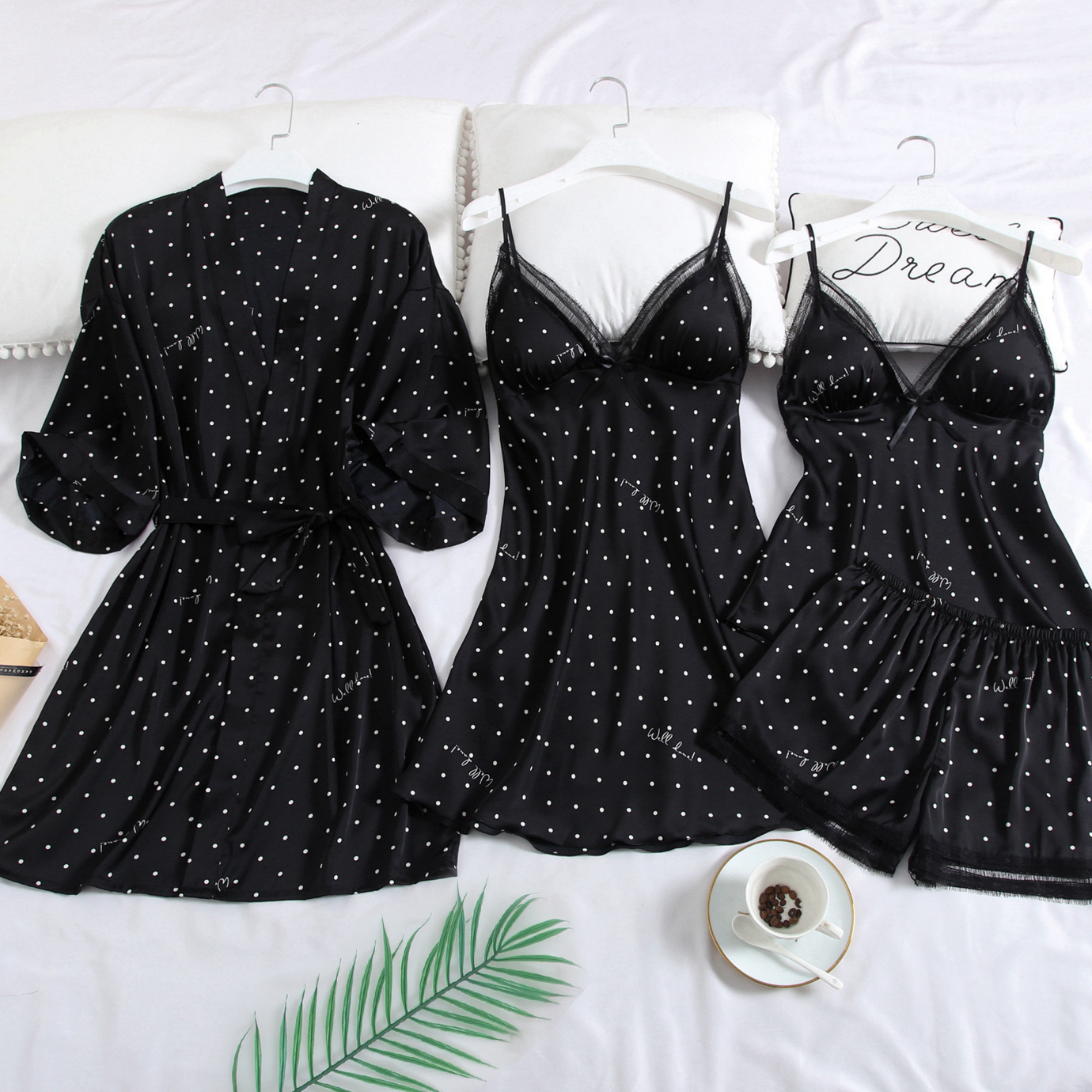 Women's Sleepwear Pink Print Dot Wedding Robe Set Sleepwear Casual Intimate Lingerie Nightgown Nightdress Soft Homewear Home Clothing Kimono Gown