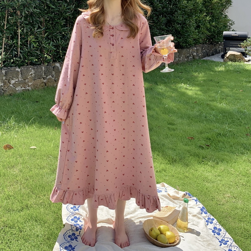 Women's Sleepwear Long Nightgowns Women Sweet Flare Sleeve Ruffles Heart-printed Lovely Mid-calf Nightie Loose Sleepwear Gentle Students Comfort 
