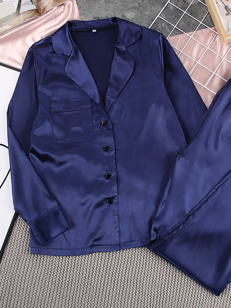 Women's Sleepwear Restve Autumn Women Pajamas Turndown Collar Pocket Long Sleeve Casual Pants 2 Piece Set Sleepwear Female Home Suit Sets 230227