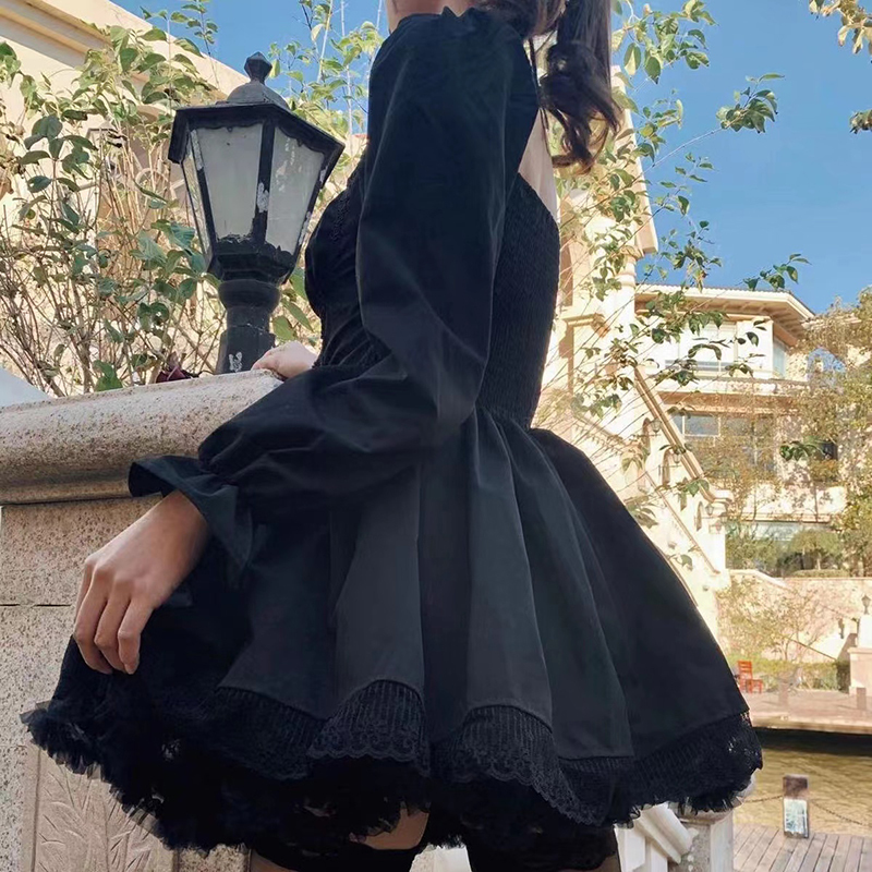 Casual Dresses Long Sleeves Lolita Black Dress Goth Aesthetic Puff Sleeve High Waist Vintage Bandage Lace Trim Party Gothic Clothes Dress Woman 230227